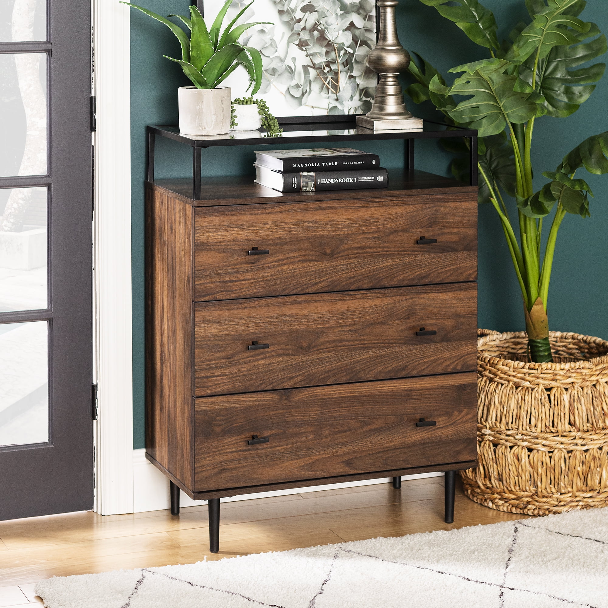 Manor Park Modern Glass Top 3-Drawer Dark Walnut Storage Cabinet