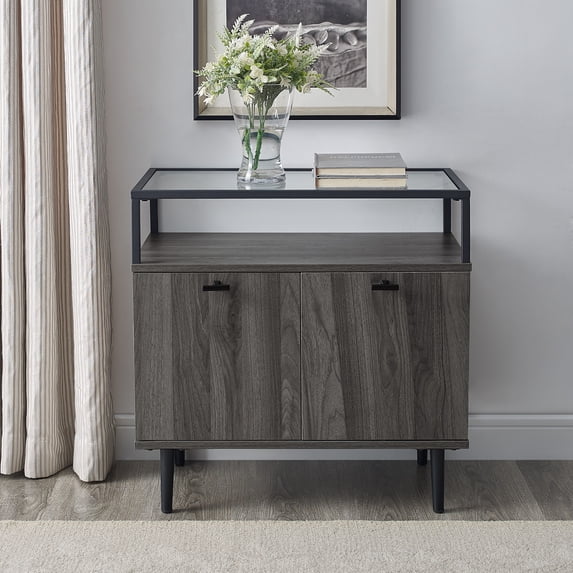 Manor Park Modern Glass Top Two-Door Storage Cabinet, Slate Grey