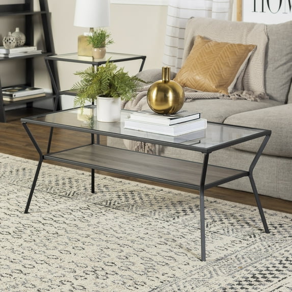 Manor Park Modern Glass and Metal Coffee Table, Slate Grey