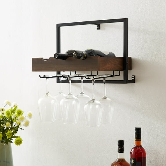 Manor Park Modern Industrial Wall Mounted Bar Storage, Dark Walnut