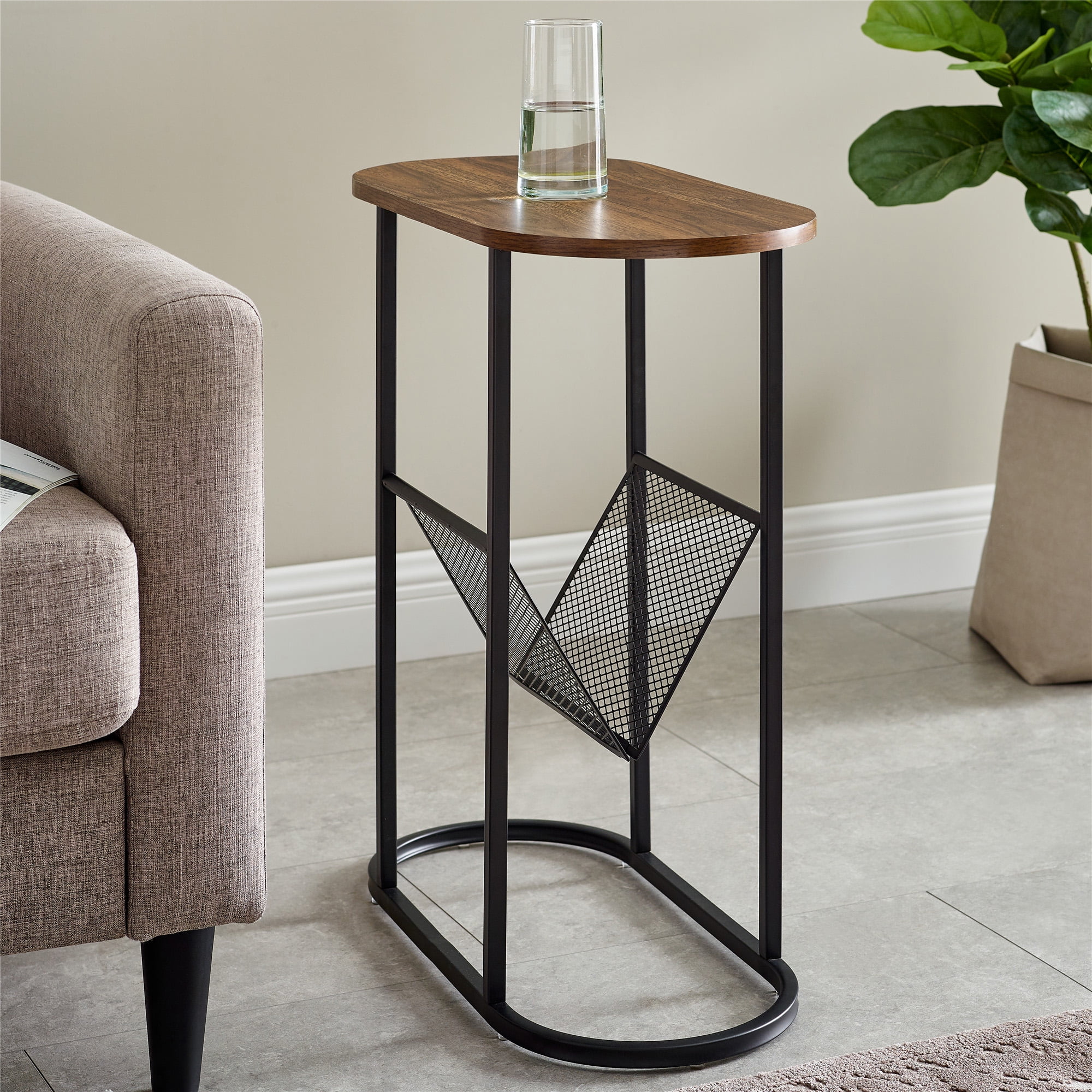 Manor Park Modern Wood Mesh Magazine Rack Oval End Table, Dark Walnut ...
