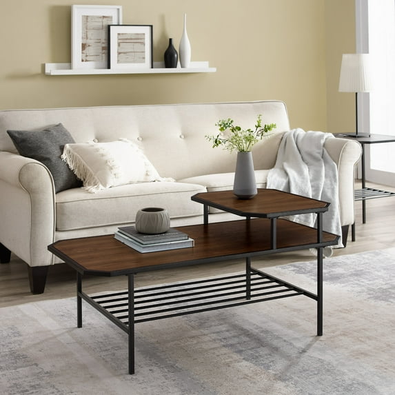 Manor Park Modern Octagon Metal Tiered Coffee Table, Dark walnut/Black
