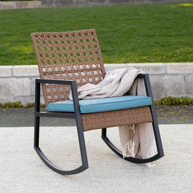 Manor Park Modern Patio Rattan Rocking Chair, Light Brown/Blue