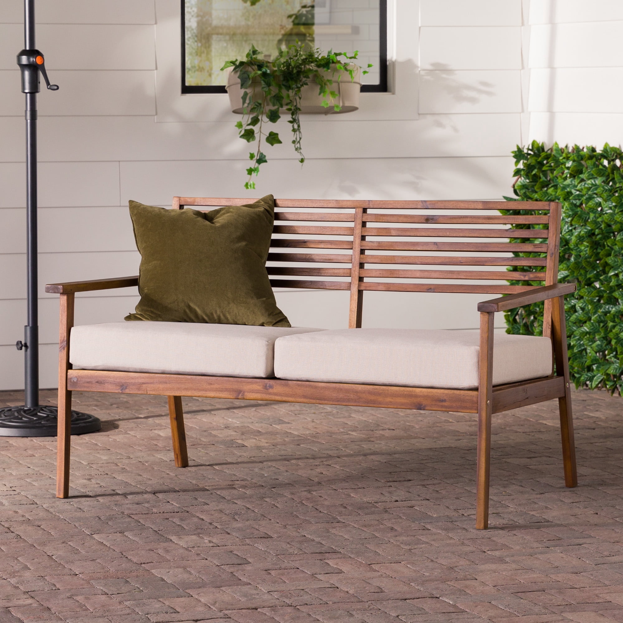 Manor Park Modern SlatBack Solid Wood Outdoor Loveseat, Dark Brown