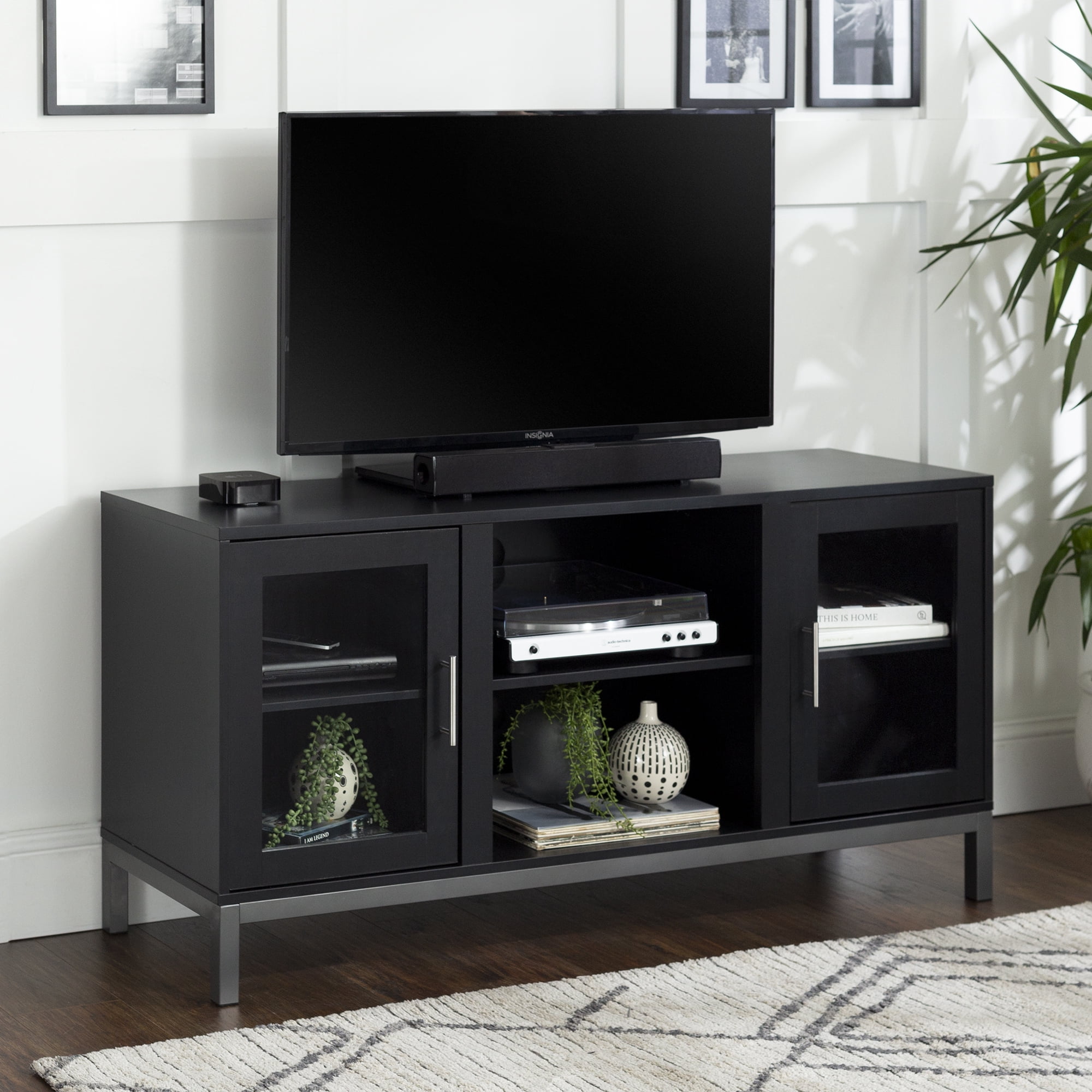 Manor Park Modern TV Stand with 2 Storage Cabinets for TVs up to 56", Black