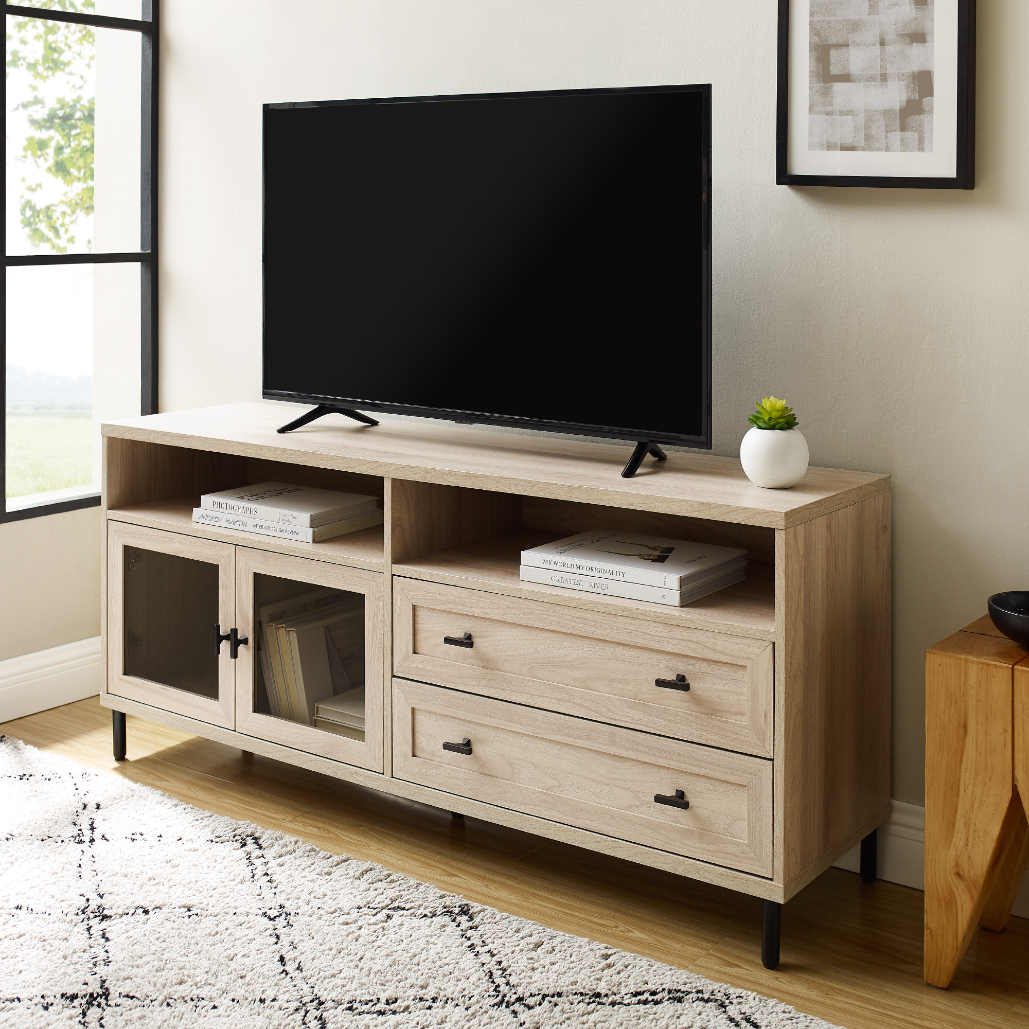 Manor Park Modern Wood and Glass TV Stand for TVs up to 60”, Birch