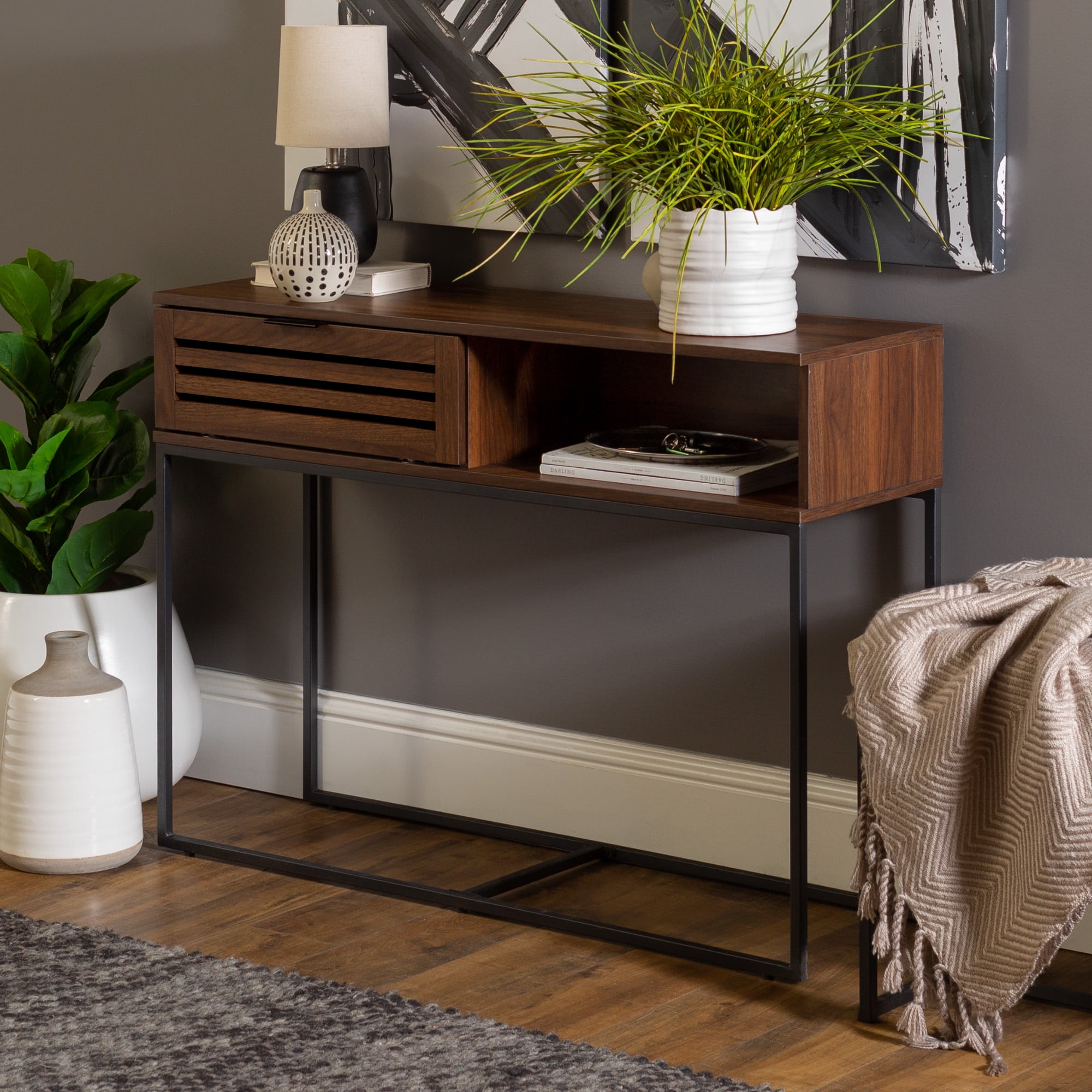 Manor Park Niantic Modern Slat Door Entry Table Dark Walnut