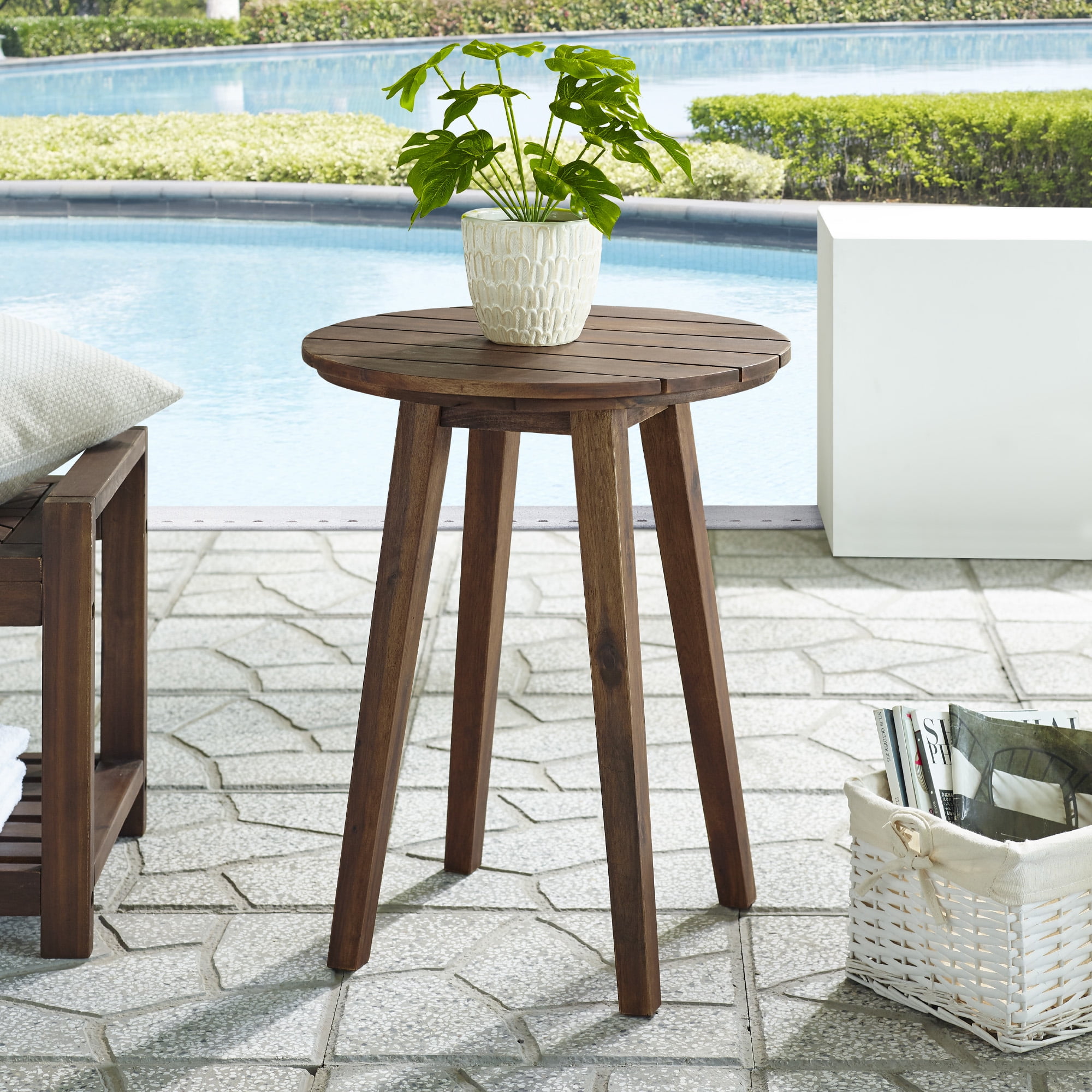 Manor Park Outdoor Acacia Wood Round End Table, Dark Brown