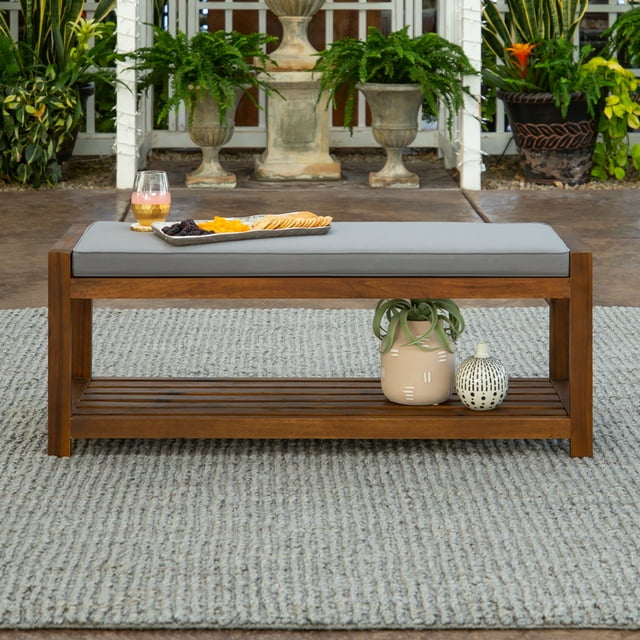 Manor Park Outdoor Patio Wood Bench with Cushion, Dark Brown/Grey