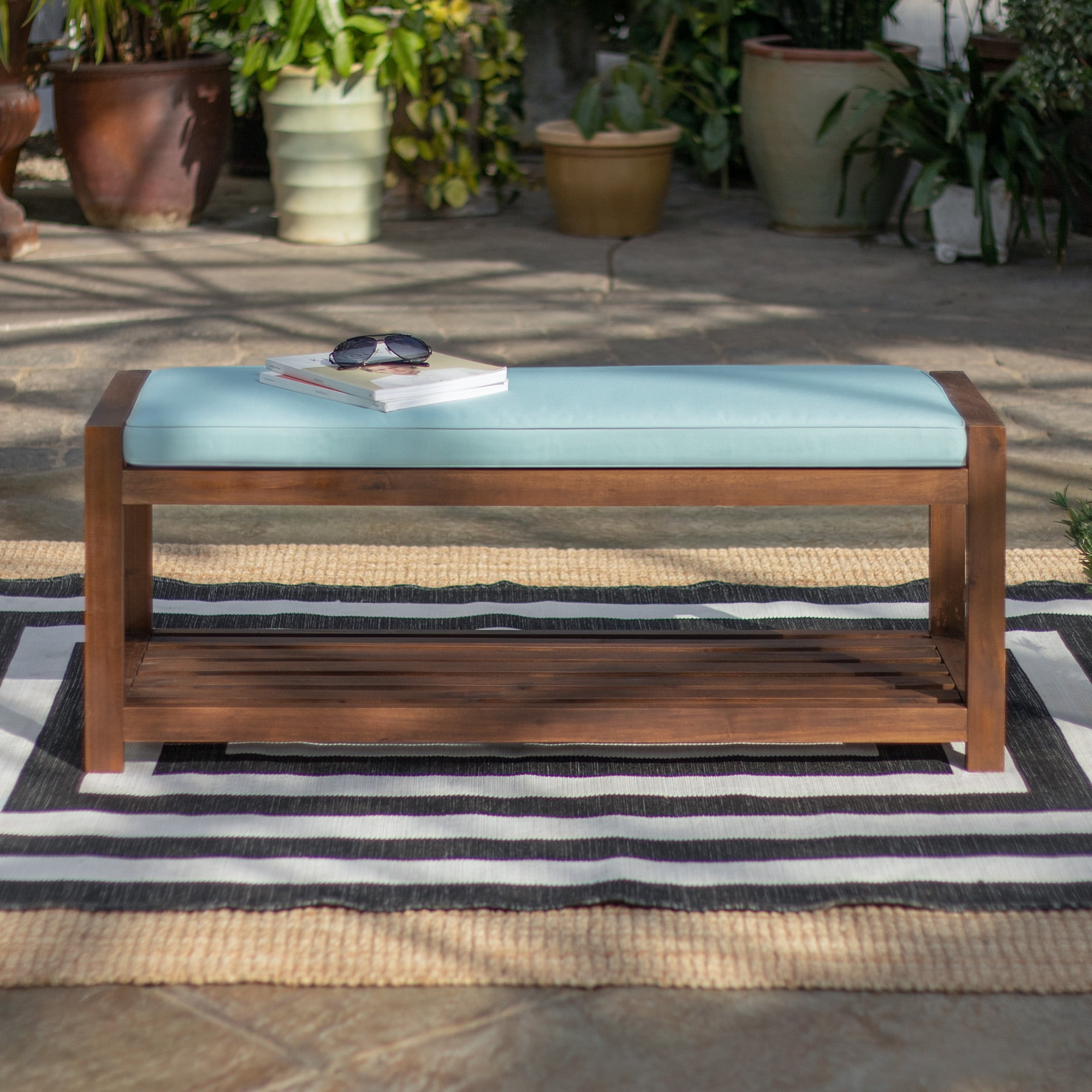 Manor Park Outdoor Solid Acacia Wood Bench Dark Brown and Blue