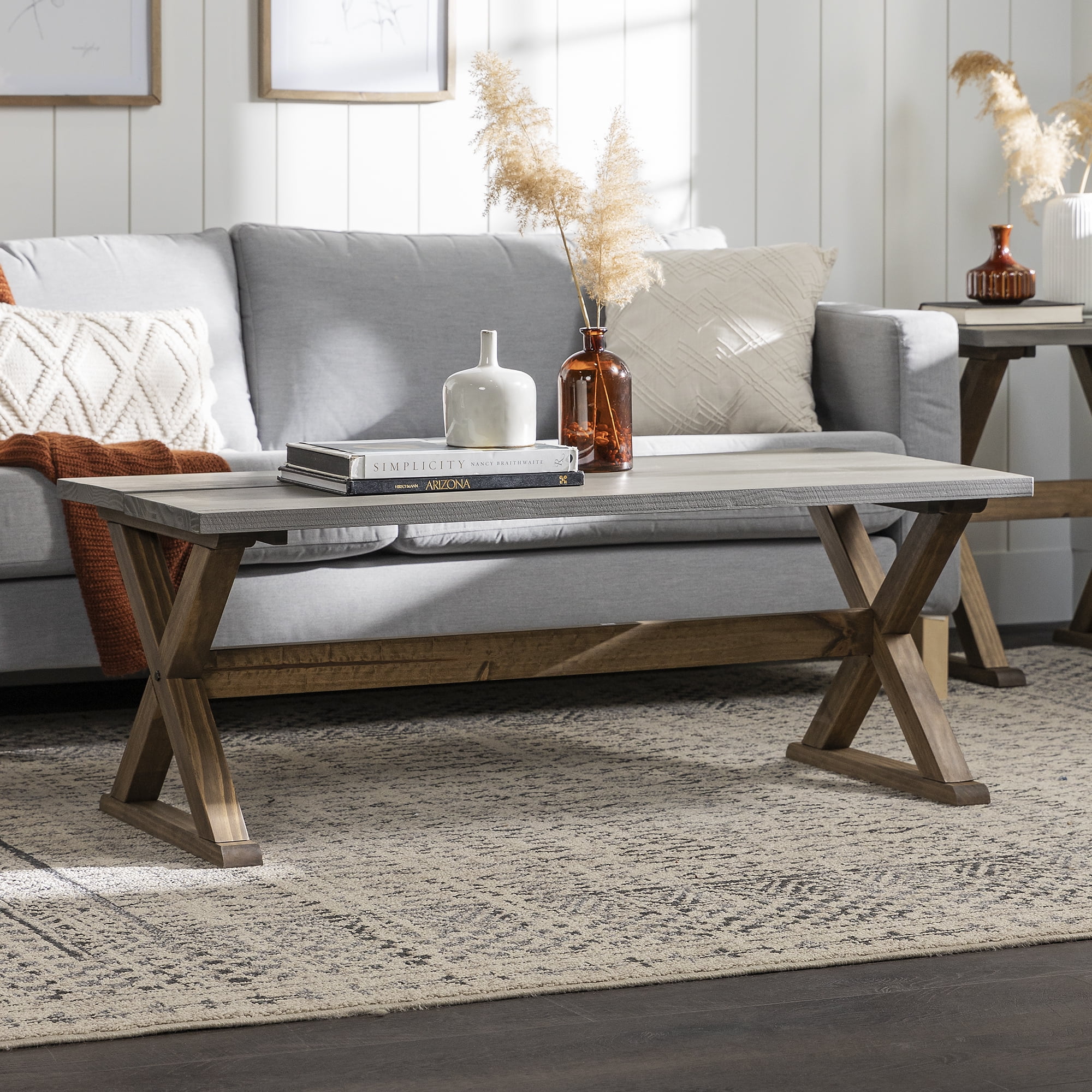 Manor Park Rustic Farmhouse Distressed Wood Coffee Table, Grey/Brown