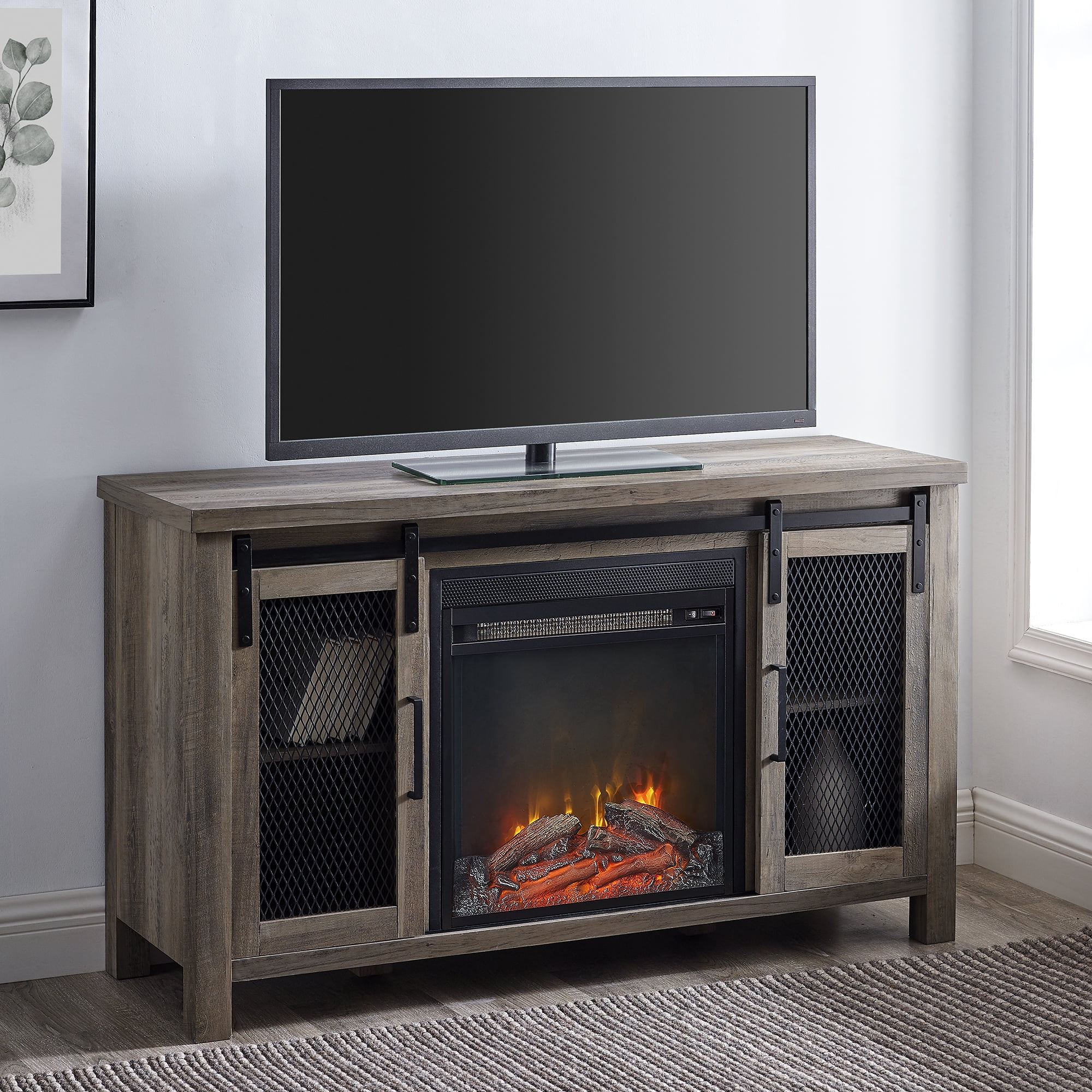 Manor Park Rustic Farmhouse Fireplace TV Stand with Sliding Doors for