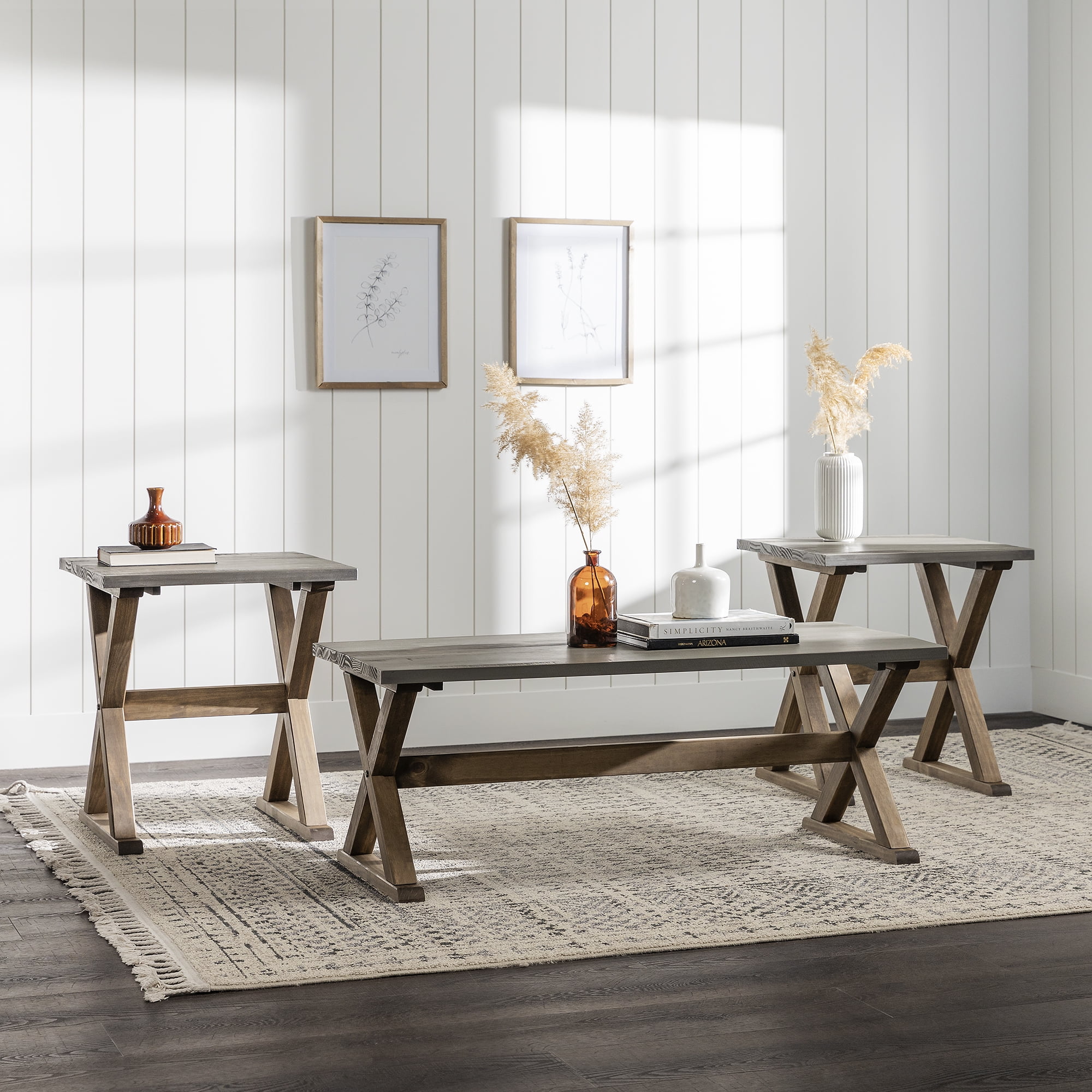 Manor Park Rustic Farmhouse Solid Wood XLeg Coffee Table Set, Grey