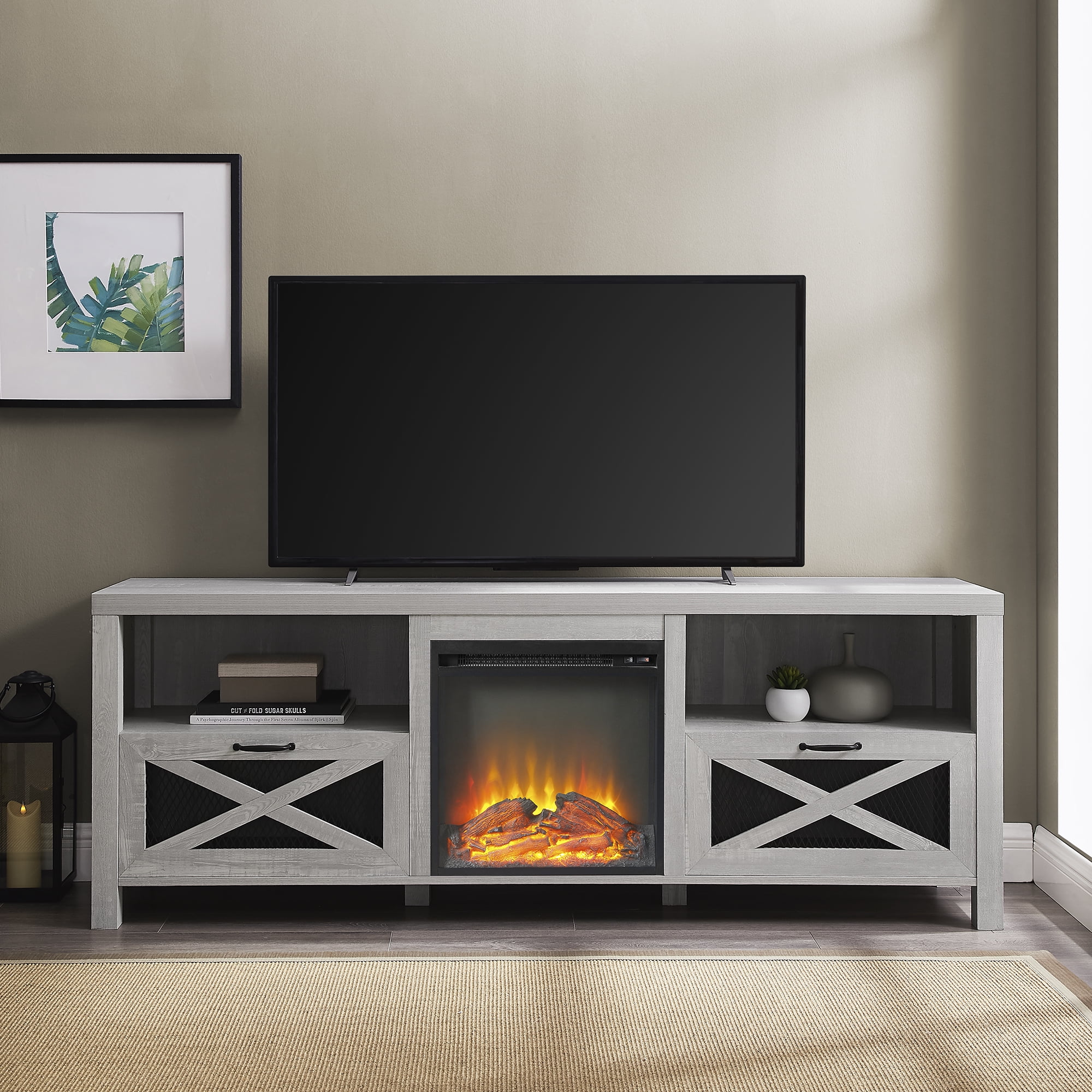 Manor Park Rustic Fireplace TV Stand for TVs up to 78", Stone Grey