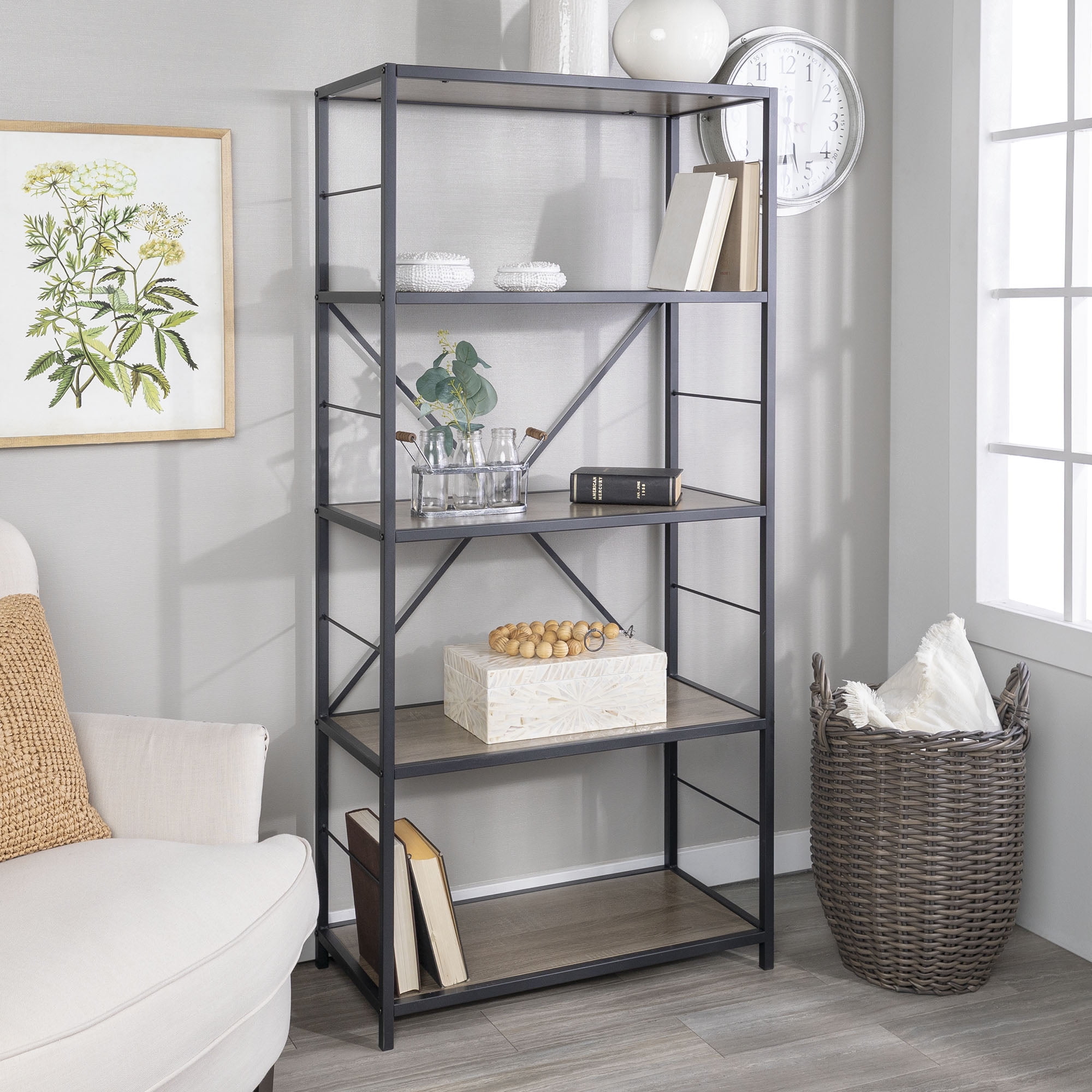 Manor Park Rustic Metal and Media Bookshelf Bookcase, Driftwood
