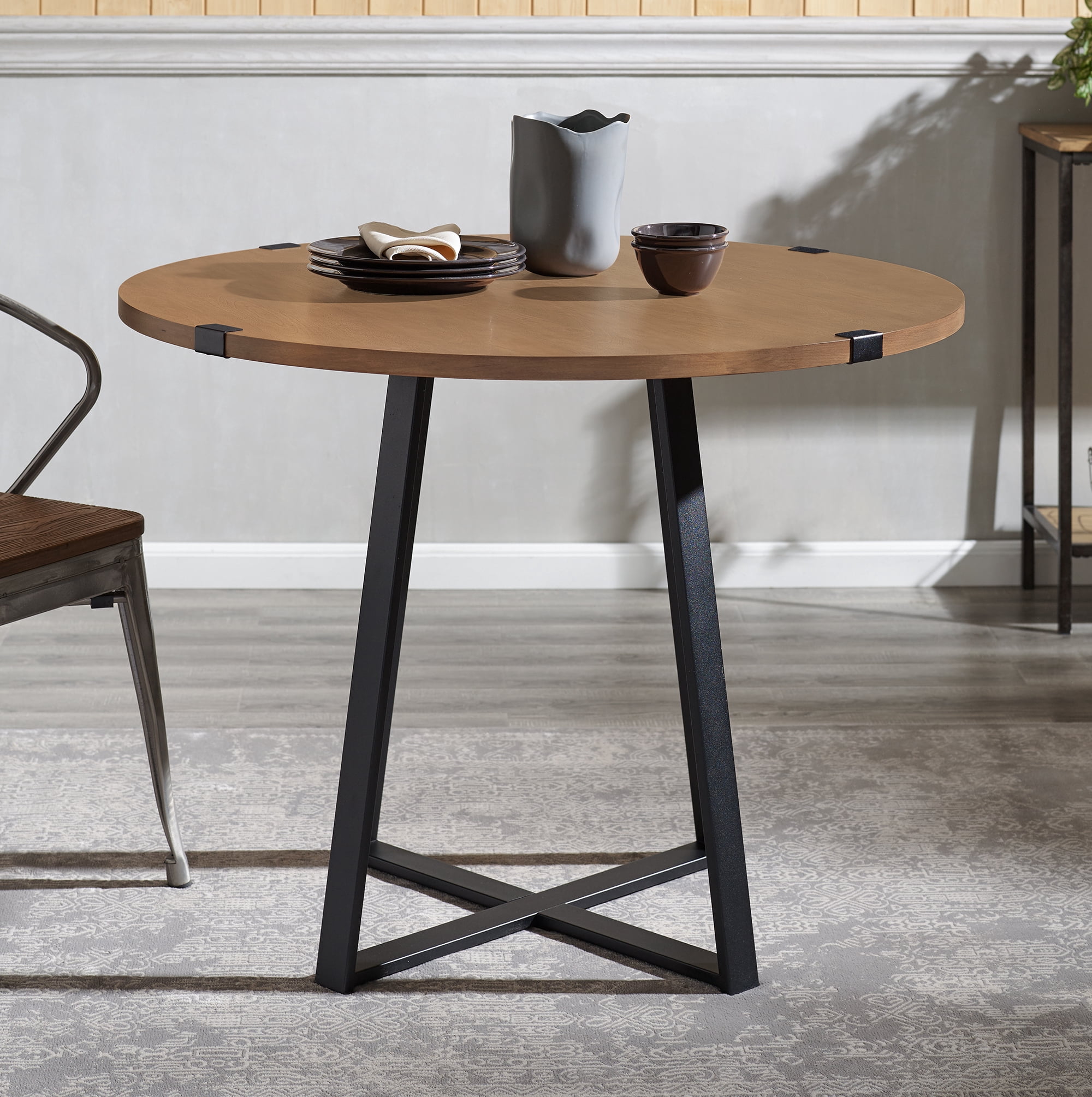 Manor Park Rustic Round Dining Table, English Oak/Black