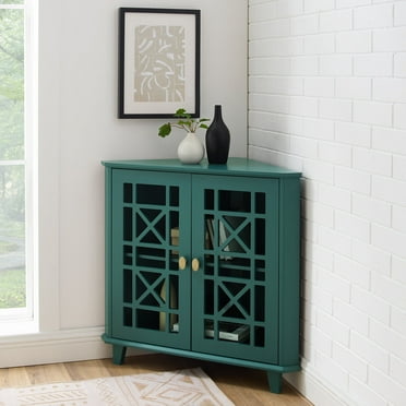 Walker Edison Transitional Fretwork Doors Corner Accent Cabinet, Dark Teal