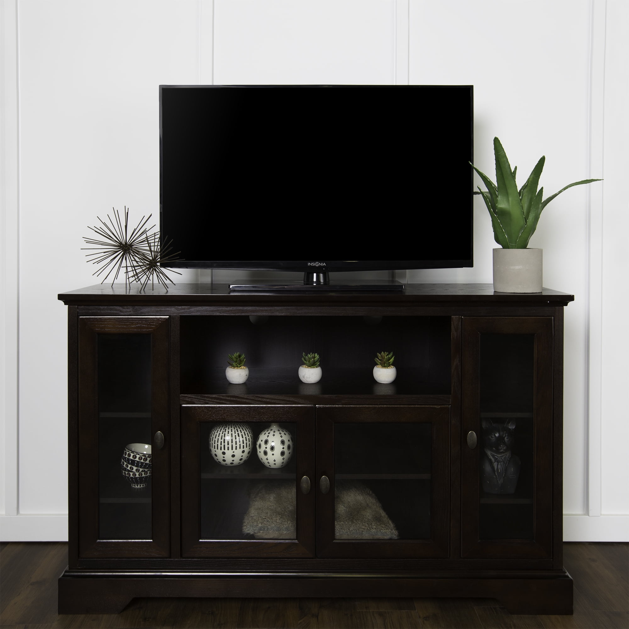 Manor Park Transitional Highboy Glass Door Wood TV Stand, Espresso