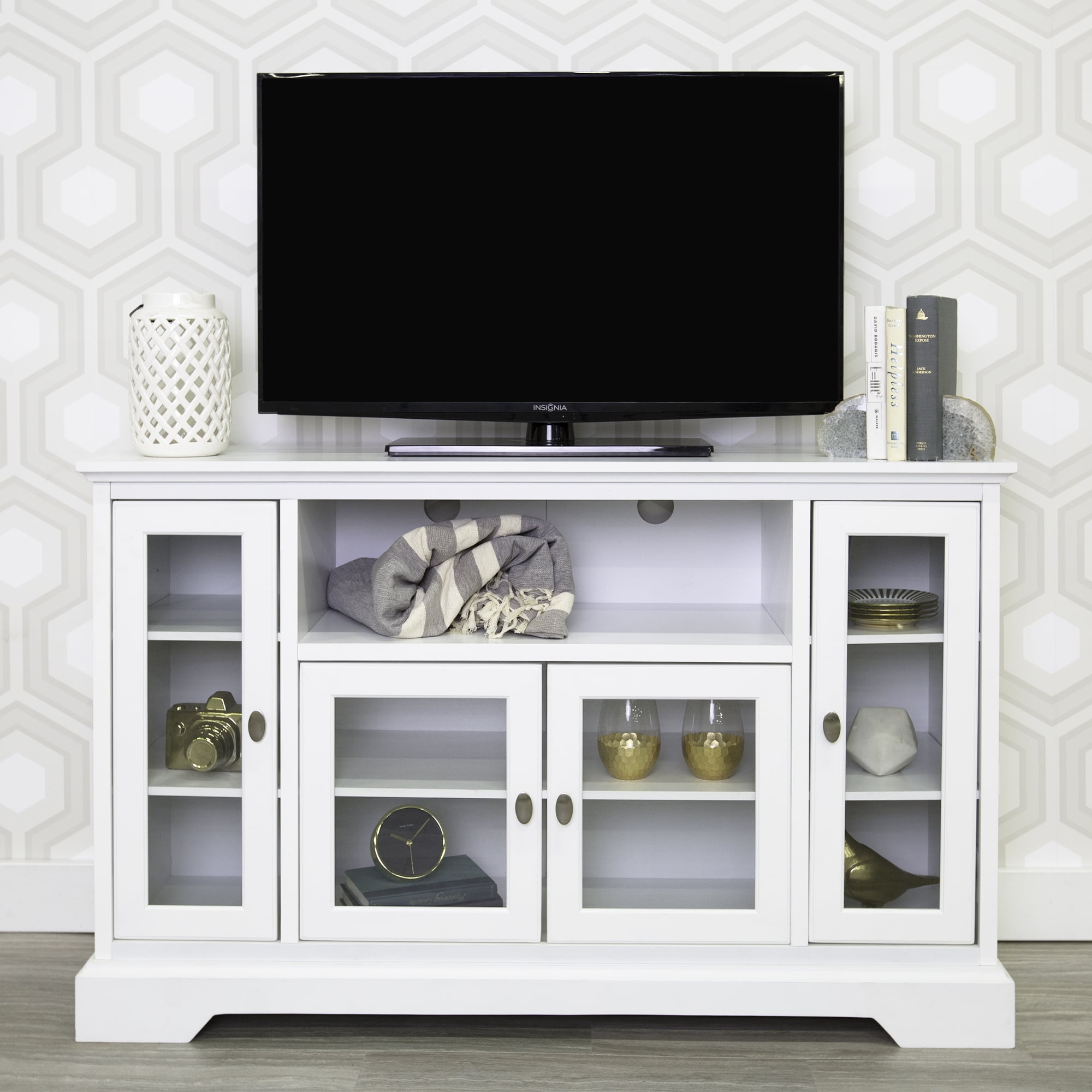 Manor Park Transitional Highboy Glass Door Wood TV Stand for TVs