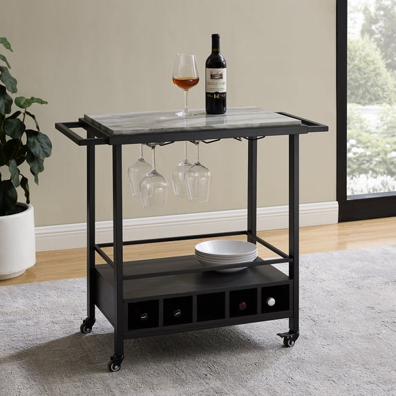 Manor Park Urban Industrial Faux Marble Serving Bar Cart, Graphite