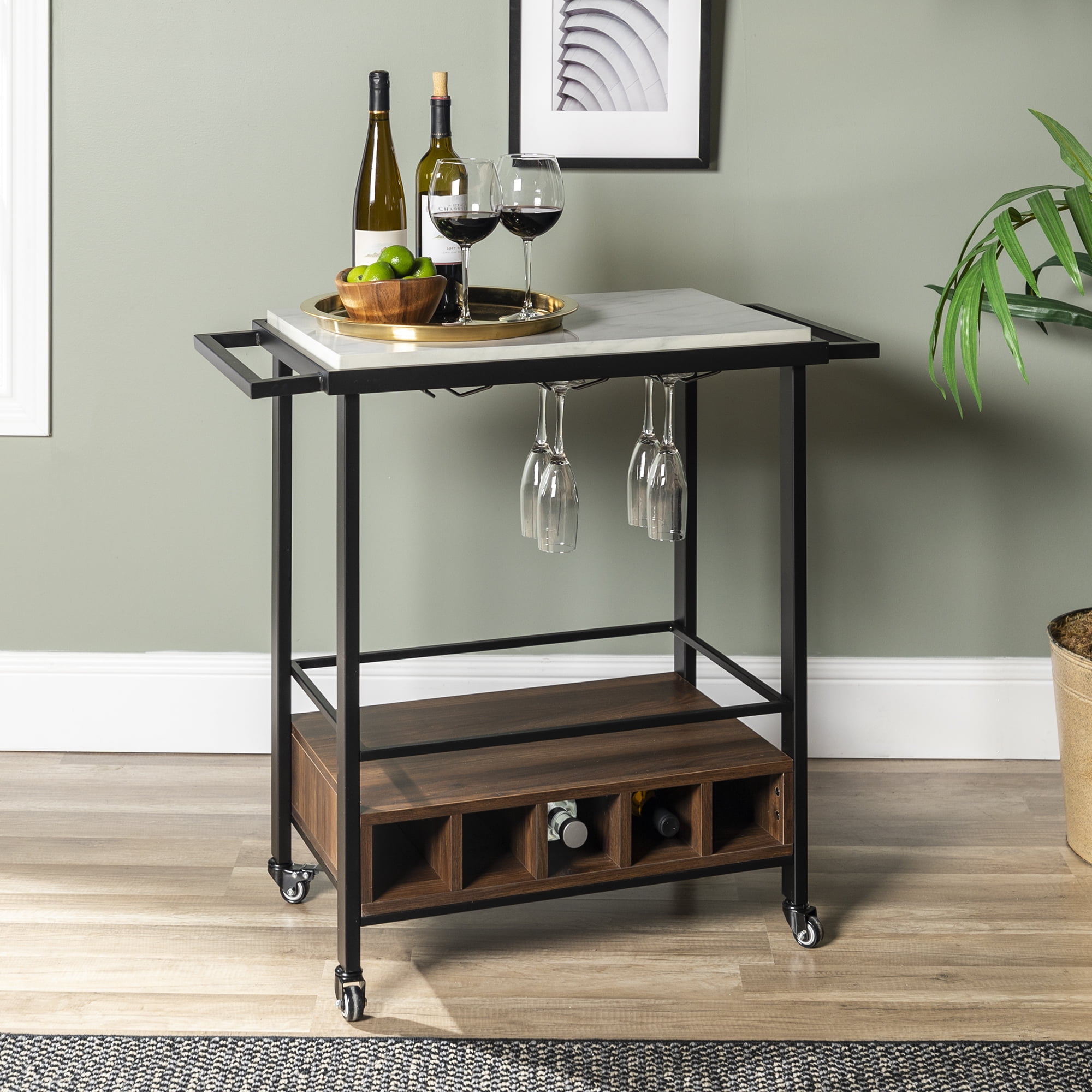 Manor Park Urban Industrial Marble/Serving Bar Cart, Faux White Marble/Dark Walnut