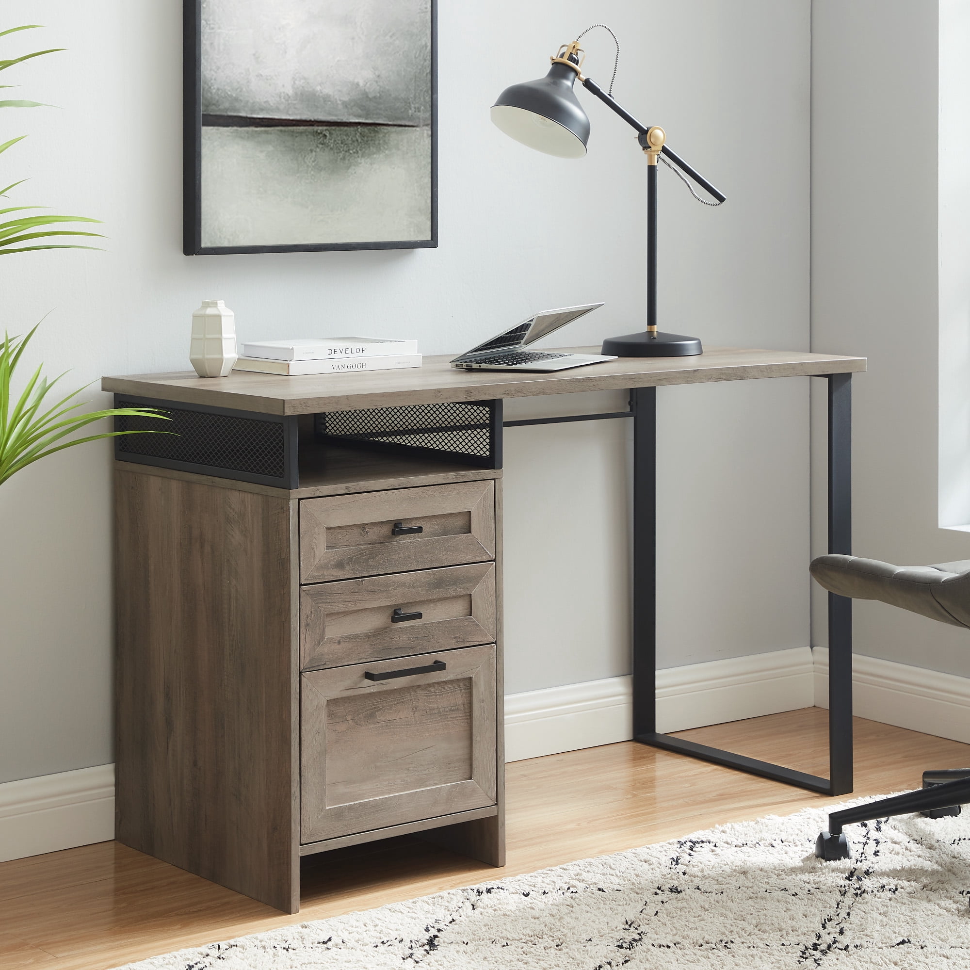 Manor Park Urban Industrial Storage Writing Desk, Grey Wash