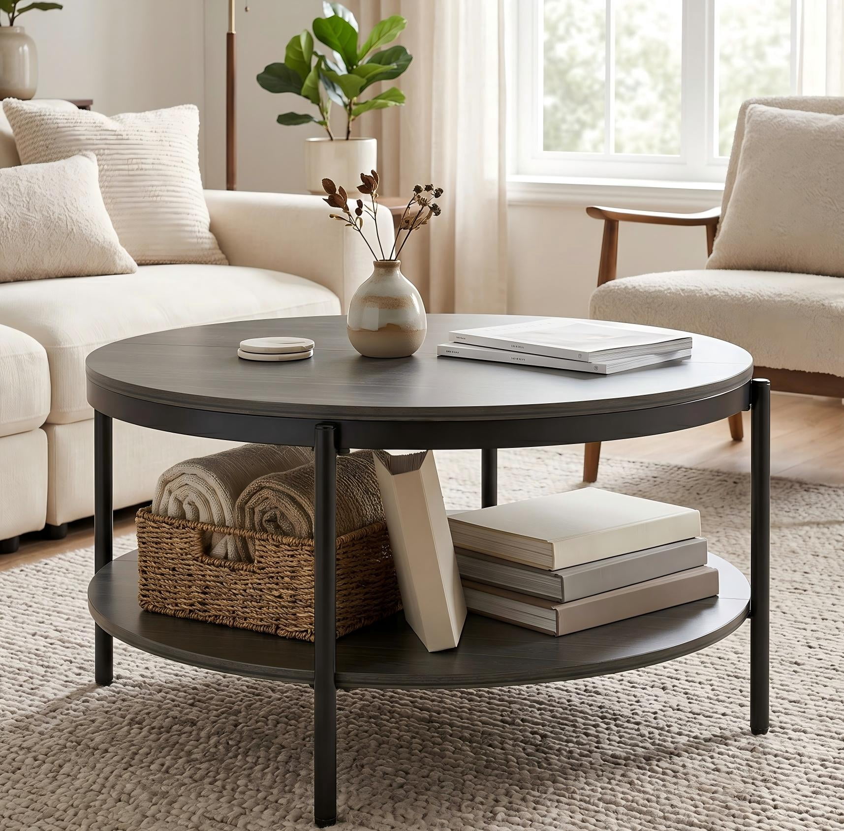 Manxile Round Coffee Tables for Living Room, 2 Tier Wooden Center Table with Storage Shelf for Home Office, Charcoal Gray