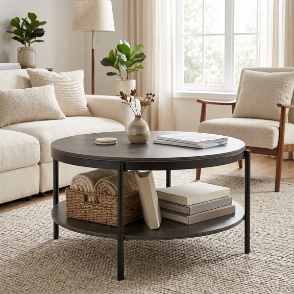 Manxile Round Coffee Tables for Living Room, 2 Tier Wooden Center Table with Storage Shelf for Home Office, Charcoal Gray