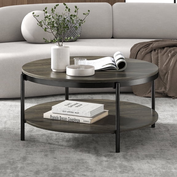 Manxile Round Coffee Tables for Living Room, 2 Tier Wooden Center Table with Storage Shelf for Home Office, Charcoal Gray