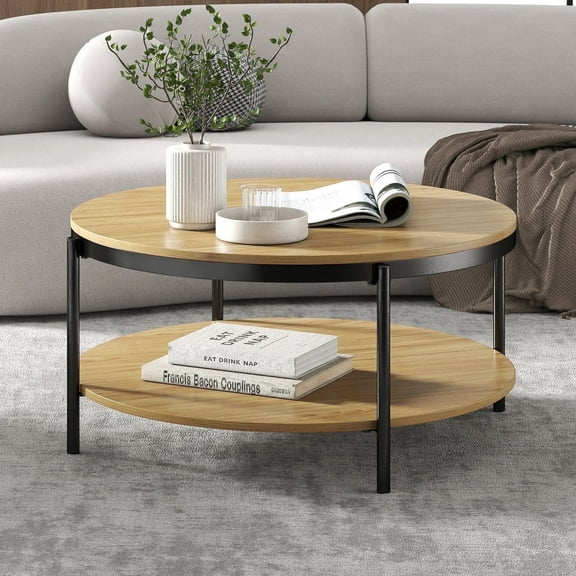 Manxile 31.5”Round Coffee Table for Living Room 2 Tier Rustic Center Table with Storage, Natural