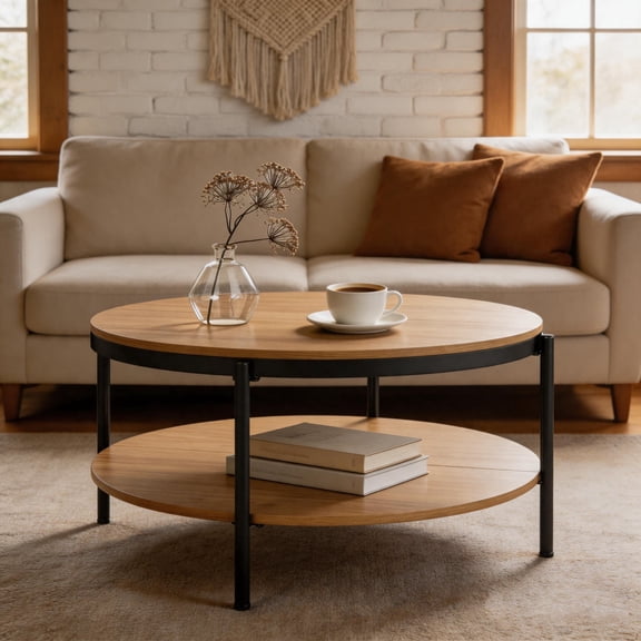 Manxile Round Coffee Table with Storage Shelf, Wood Coffee Table for Living Room Office, Natural