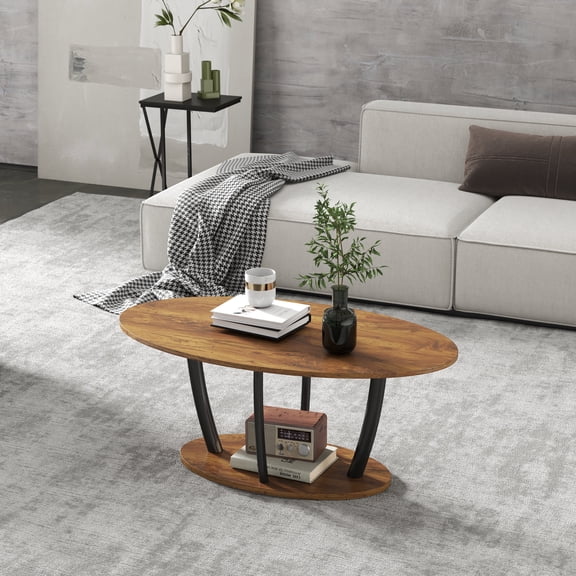 Manora 2-Tier Oval Coffee Table with Storage Shelf for Living Room Bedroom, Red Oak Wood Grain and Black Metal