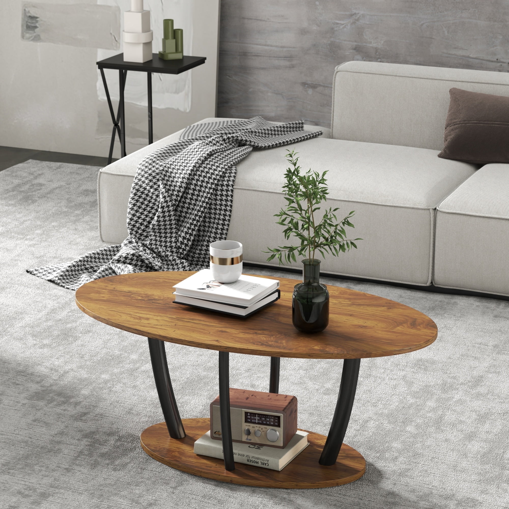 Manora 2-Tier Oval Coffee Table with Storage Shelf for Living Room Bedroom, Red Oak Wood Grain and Black Metal