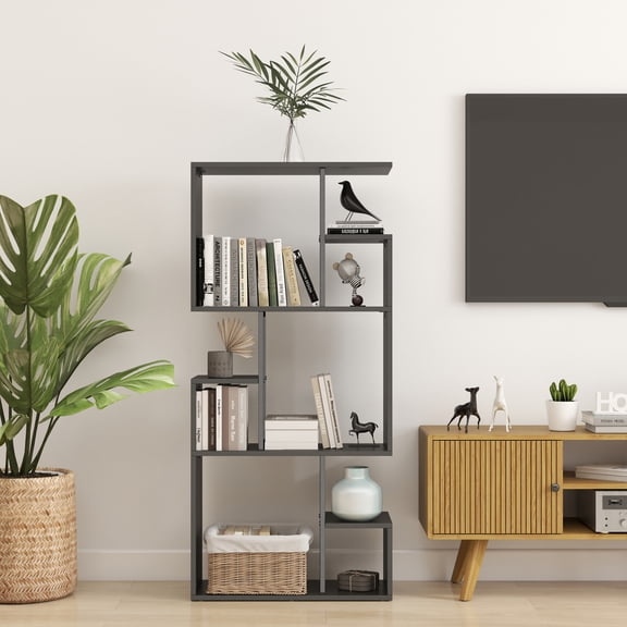 Maxile 3-Tier S-Shaped Display Shelves Wooden Geometric Bookcase Storage for Living Room Home Office,Gray