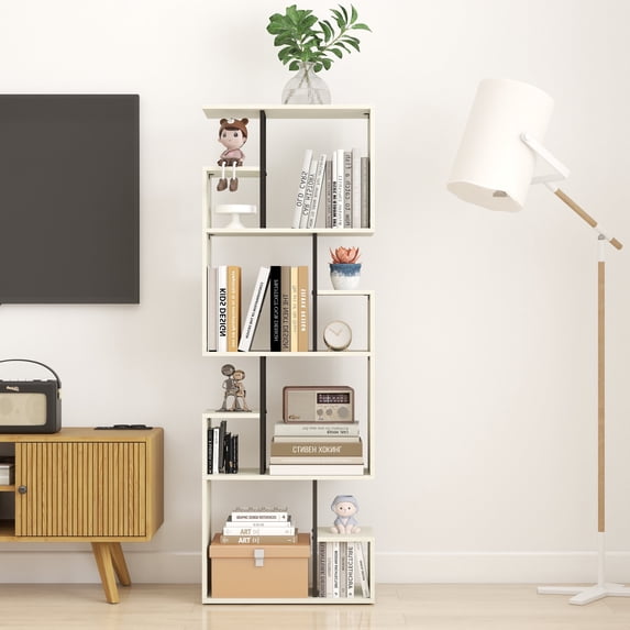 Manxile 4-Tier S-Shaped Bookshelf Geometric Bookcase Wooden Bookcase for Living Room Home Office, White
