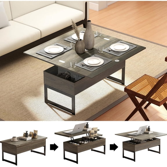 Manora 40" Multi-Functional Lift-Top Coffee Table, 4 in 1 Convertible to Dining Table with Hidden Storage, Farmhouse Style Center Table for Living Room, Home Office & Small Spaces (Gray)