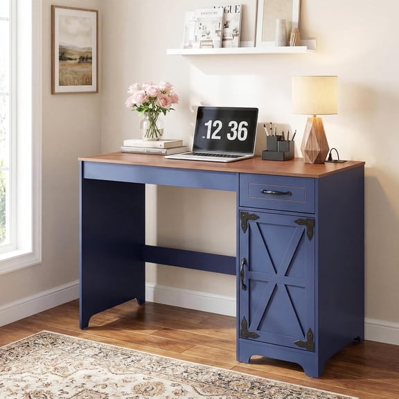 Manora 43" Farmhouse Desk with Power Outlet, Blue Computer Desk with Barn Door Storage Cabinet, Rustic Writing Table with Drawer & Adjustable Shelf for Home Office Study Bedroom