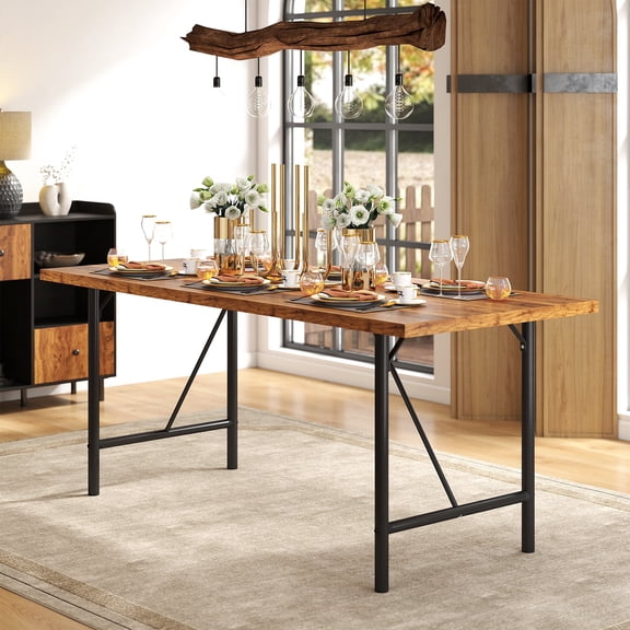 Manora 70.8 Inch Industrial Rectangular Dining Table for 6-8 People, Heavy Duty Wooden Kitchen Table with Black Metal Frame for Dining Room Kitchen