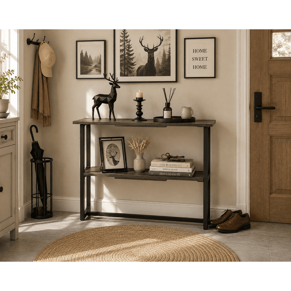 Manora Modern 2-Tier Console Table, Narrow Sofa Table with Adjustable Feet for Entryway, Living Room, Charcoal Gray