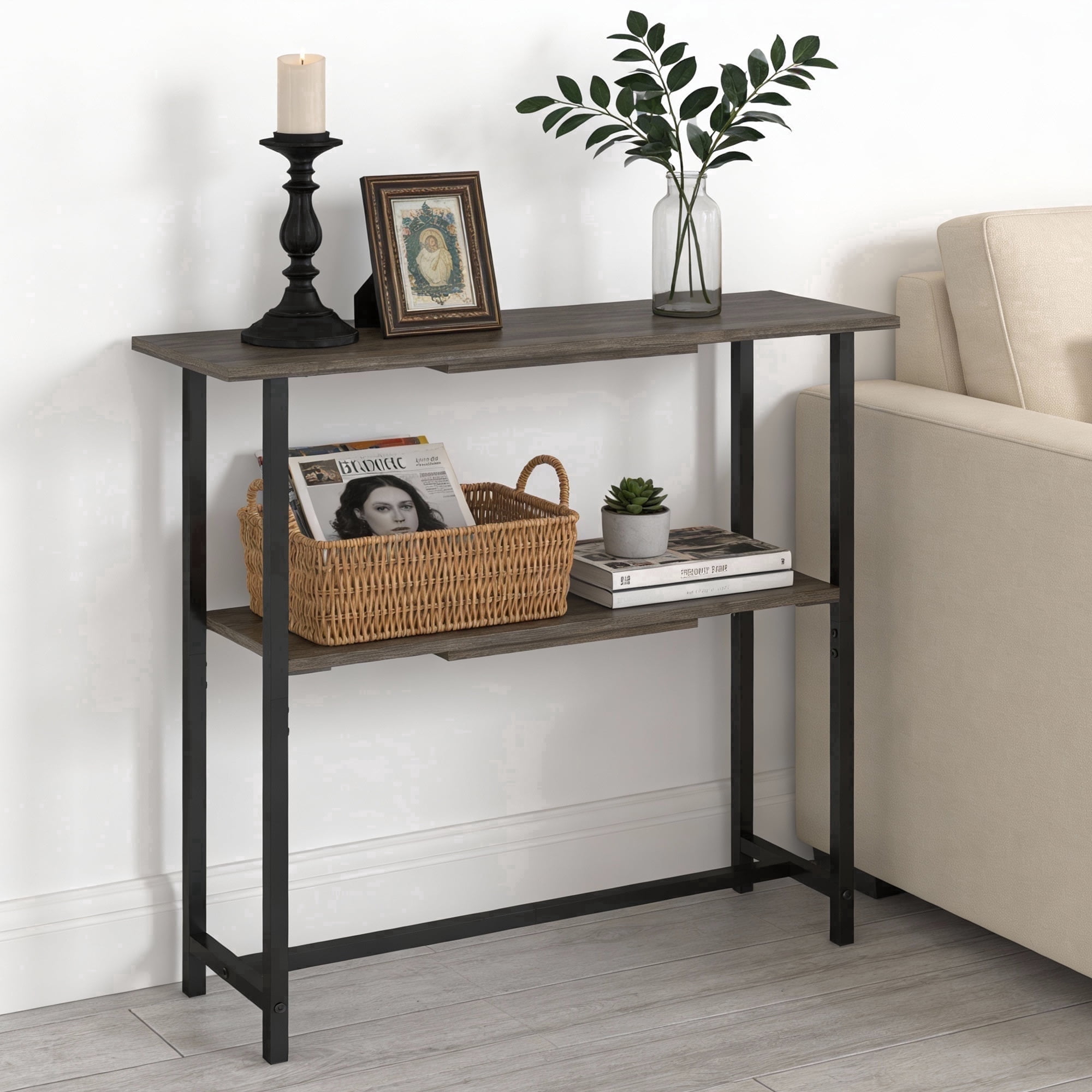 Manora Modern 2-Tier Console Table, Narrow Sofa Table with Adjustable Feet for Entryway, Living Room, Charcoal Gray
