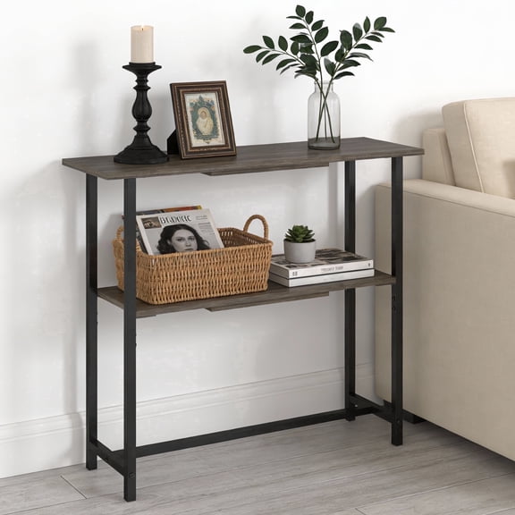 Manora Modern 2-Tier Console Table, Narrow Sofa Table with Adjustable Feet for Entryway, Living Room, Charcoal Gray