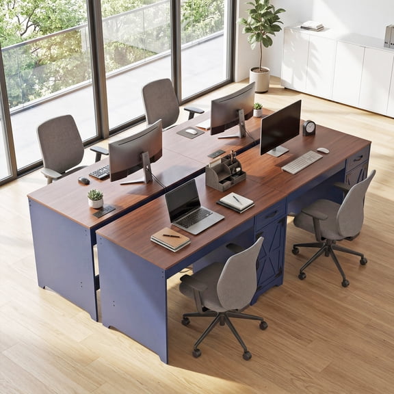 Manora Blue Engineered Wood Desk with Hidden Barn Door Storage, Farm Style Computer Table for Bedroom and Home Office