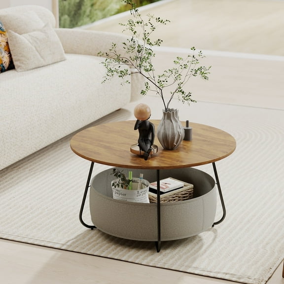 Manora Coffee Table with Fabric Basket Storage, Round Center Table for Living Room, Brown