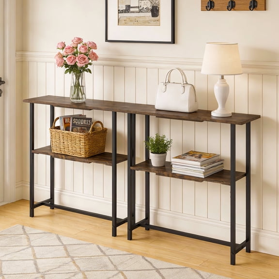 Manora Narrow Console Table Set of 2, 2 Tier Skinny Console Table with Adjustable Shelf, Slim Behind Couch Table for Living Room, Entryway, Hallway