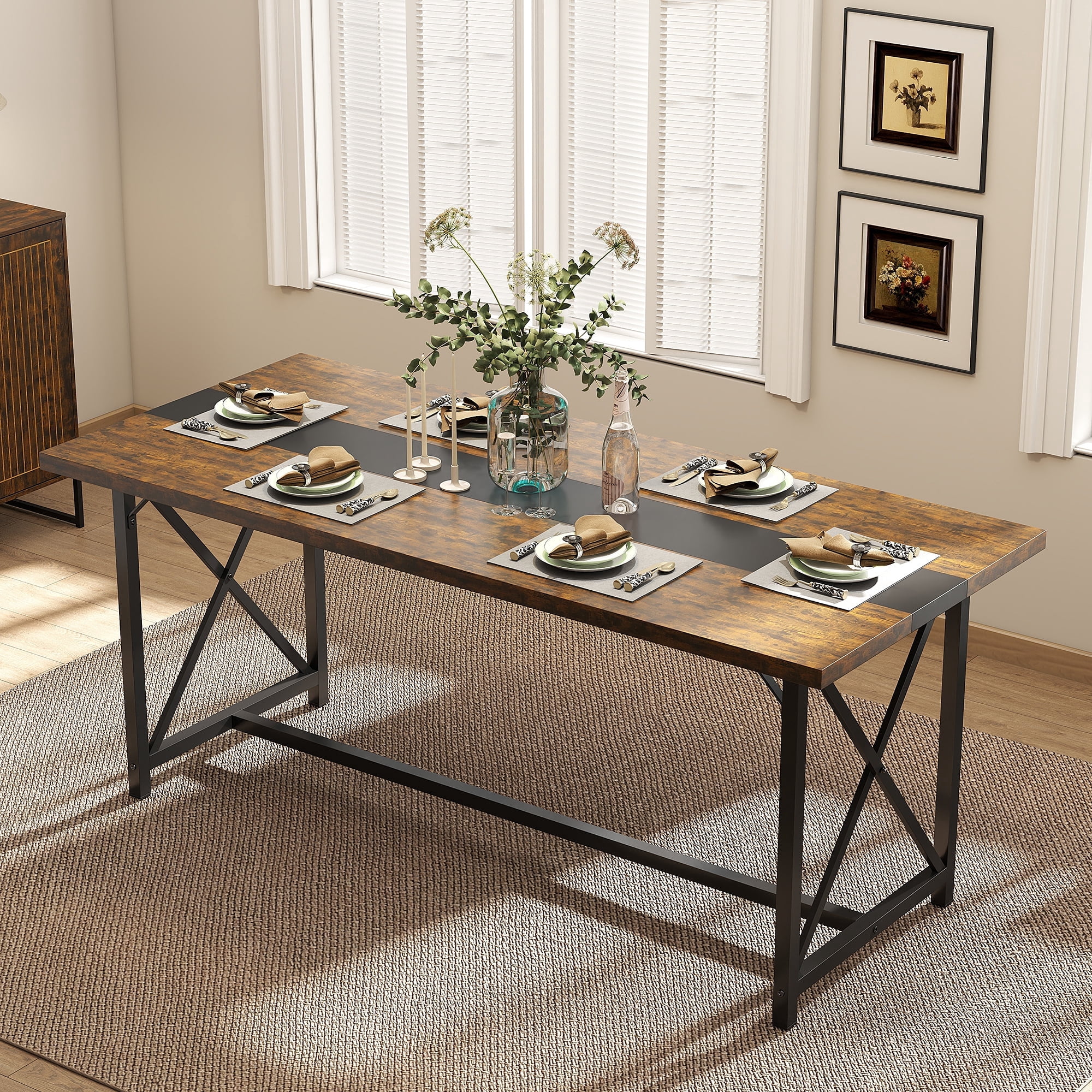 Manora Dining Table for 6-10 People, 70.9'' Modern Farmhouse Wooden Kitchen Table, Rectangle Dining Room Table, X-Shaped Legs (Rustic Brown)
