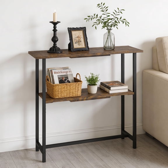 Manora Farmhouse Console Table, 2-Tier Console Table, Narrow Sofa Table with Adjustable Feet for Entryway, Living Room, Rustic Brown