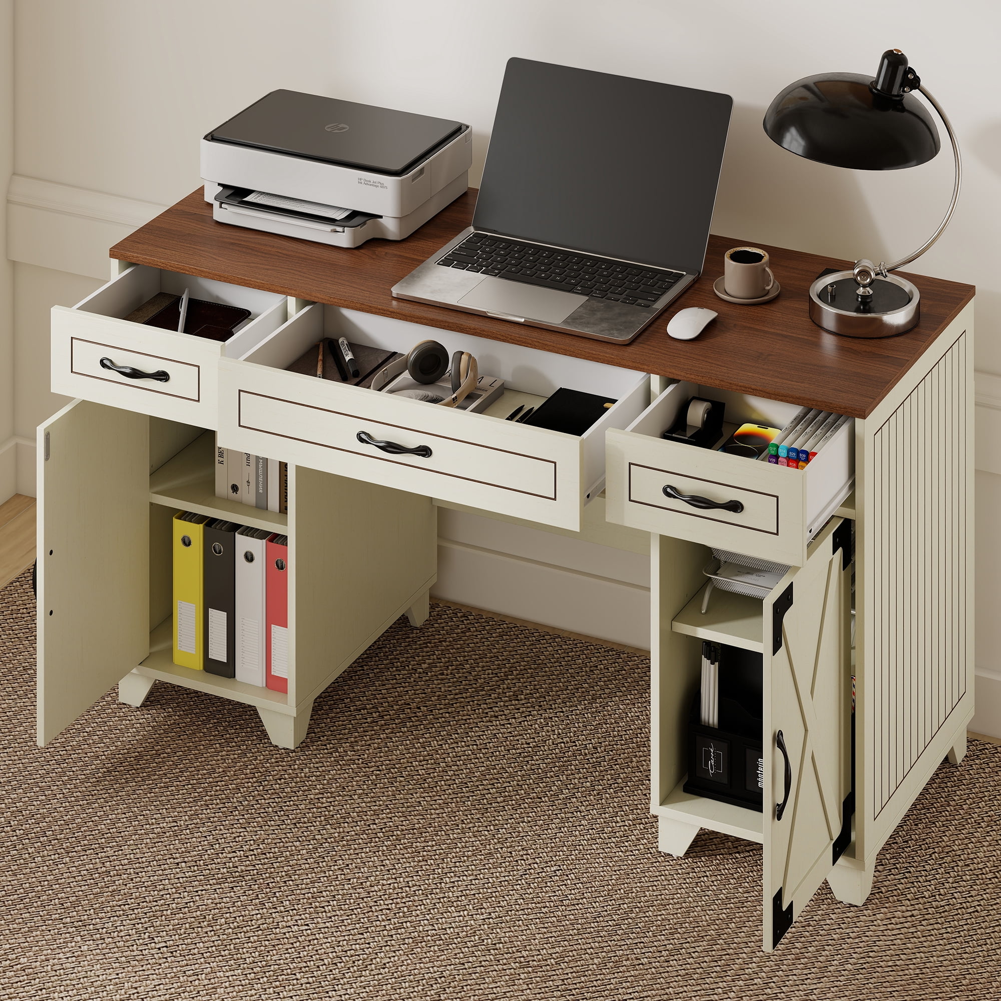 Manora Executive Desk with File Drawers and Cabinets Storage, 53'' Farmhouse Desk Modern for Adult Home Office, Rustic White&Brown Finish