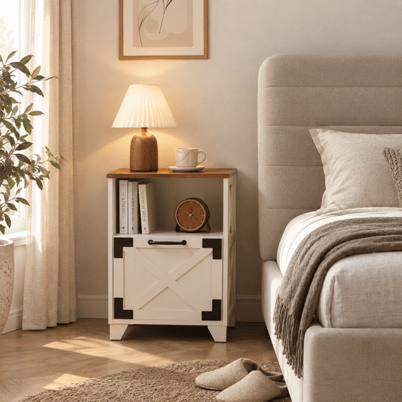 Manora Farmhouse Nightstand with Drawer & Open Storage Shelf, Rustic Bedside Table for Bedroom, Red Oak & White