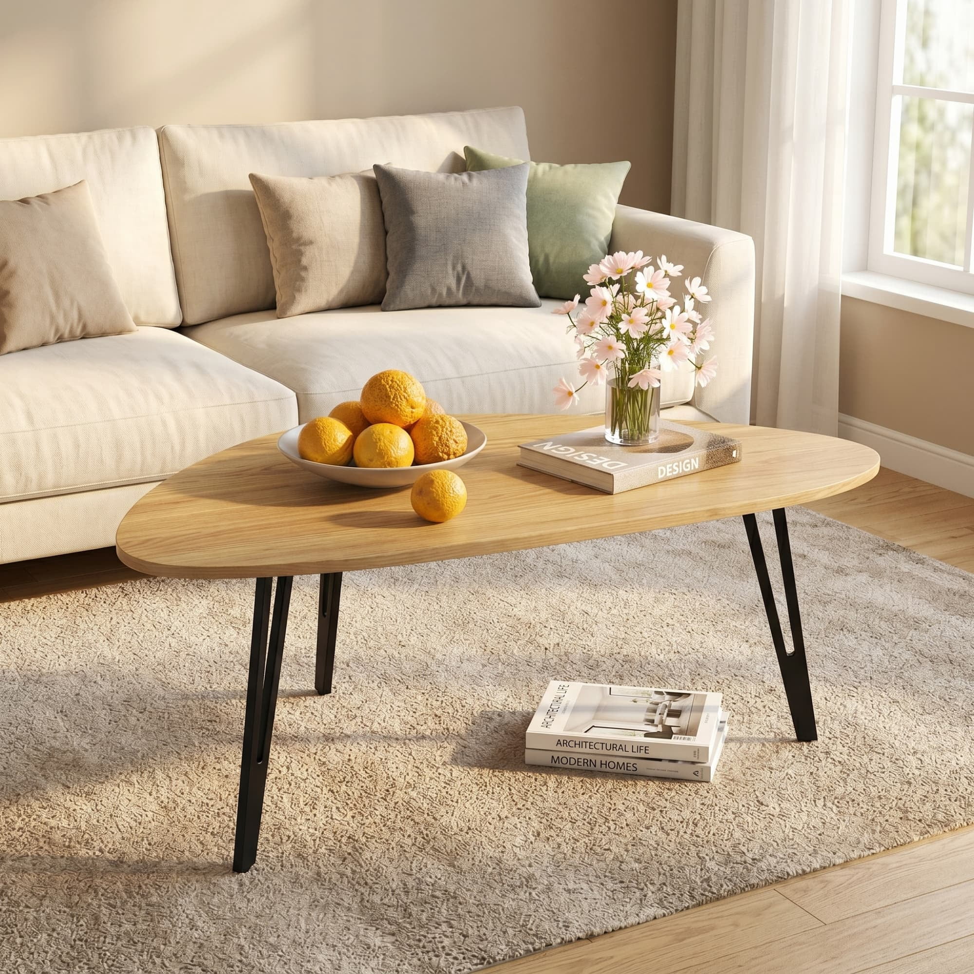 Manxile Mid Century Coffee Table for Living Room, Triangle Coffee Table for Small Space, Natural Oak