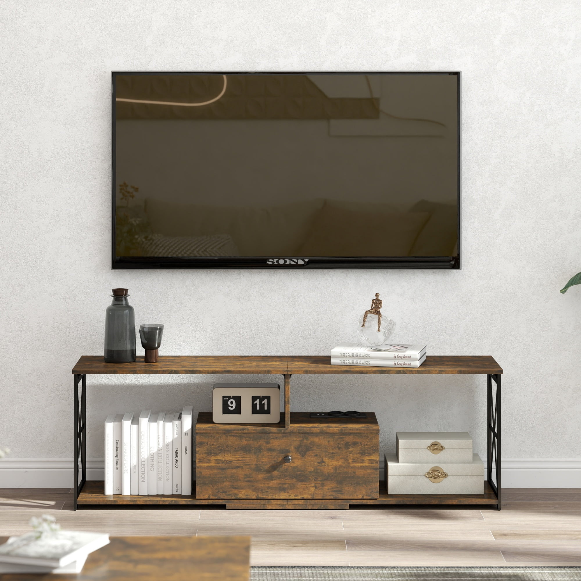 Manora Industiral TV Stand for Living Room, Wooden Entertainmet Center Table for TVs up to 65" with Storage, Rustic Brown